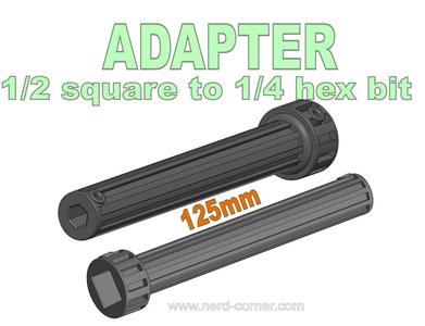 Adapter 1/2 square to 1/4 hex bit  125mm