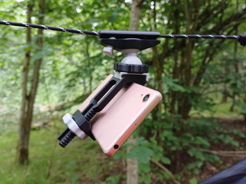 Phone holder for hammocks, tents, rope lines