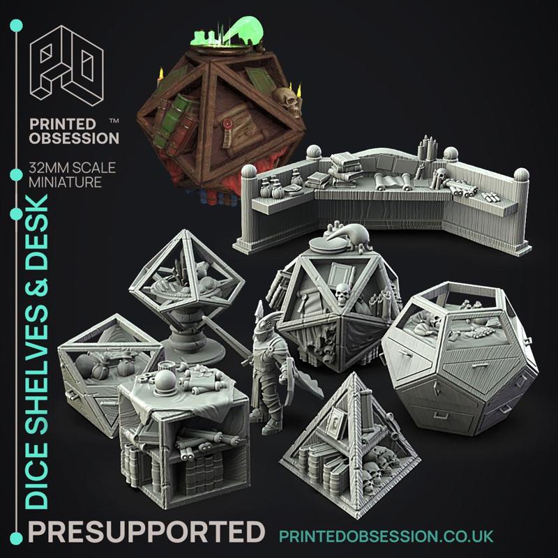 Dice Shelves & Desk - 7 Enviromental Model - Side Quest Shop -  PRESUPPORTED - Illustrated and Stats - 32mm scale