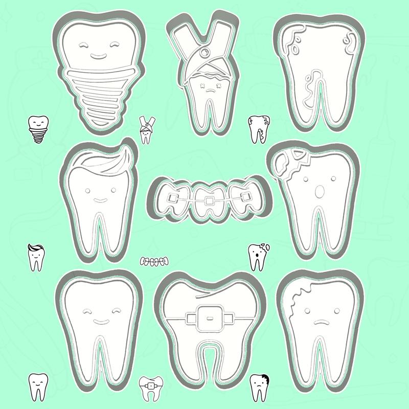 Dentist cookie cutters - tooth transformation set / bundle - 9 pieces