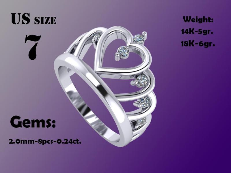 Printable Ring -crown with heart and diamonds 024ct