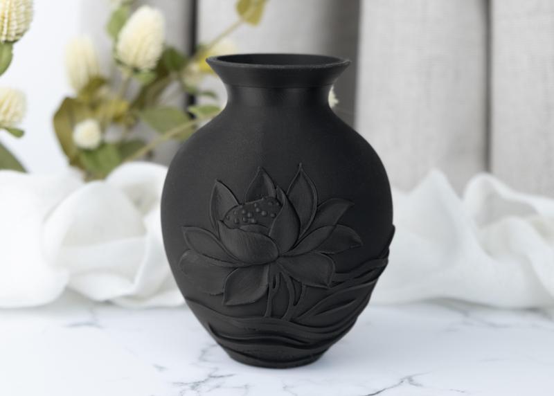 Black Lotus Vase – Elegant Decor with Carved Floral Relief