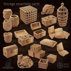 Pirate ship, Inn, Tavern storage essentials - wooden crates, barrels, chests, treasure chests, bucket, rope, bags, cage