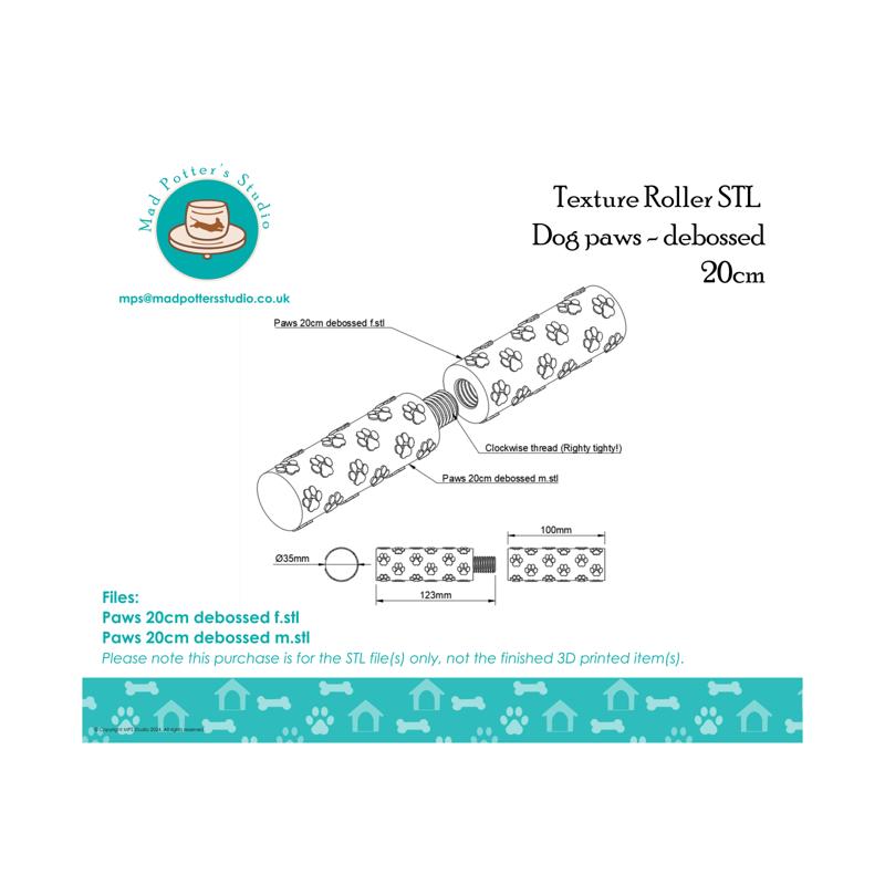 Texture Roller STL File - paws - debossed 20cm - for 3D Printing