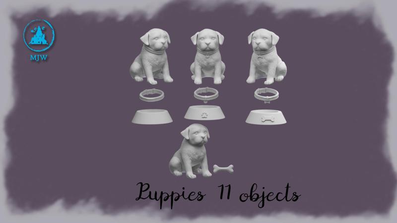 Miniature Puppy Set – 3D Printable Dog Figurines, Collars, Bowls & Bone (11 Objects)