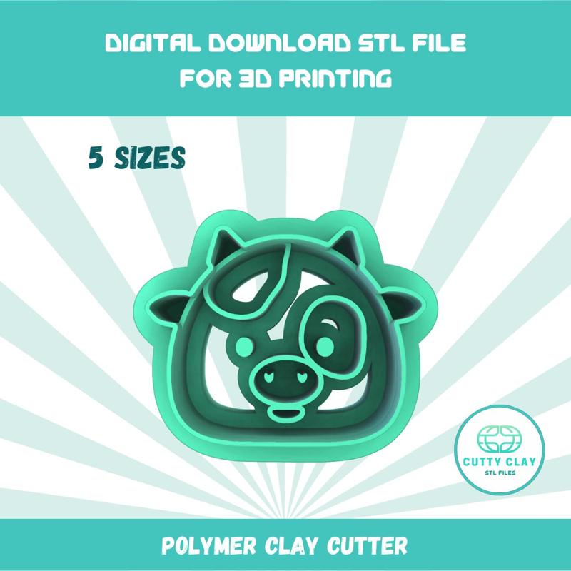 Cutty Clay stl cute cow polymer clay cutters, 5 size stl file for 3D printing
