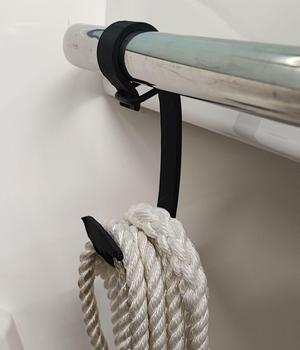 Hook for attaching to a railing on the boat to hang up lines