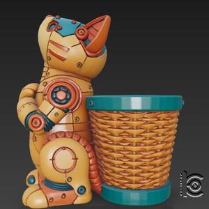 Lazy Planter Cat - Mech Kitty with Wicker Pot - 3D Printable Model