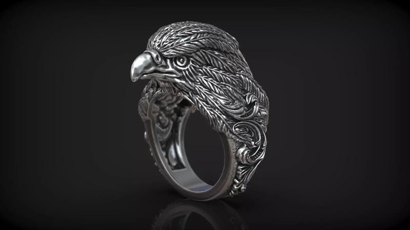 Wild Eagle Head Rococco Floral Ornamental Men Ring