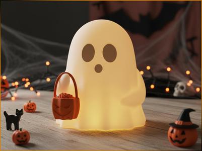 Halloween Ghost with Pumpkin Bucket | LED Tealight