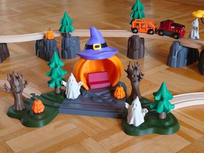 Pumpkin station with forest rail for wooden train