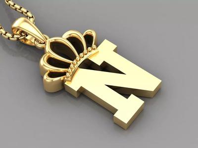 N Crown Letter Initial Pendant in 10kt Yellow Gold Cad Design