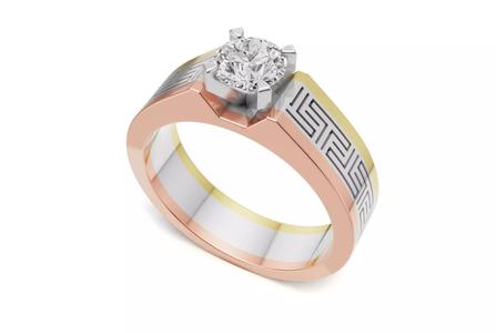 Tri-Color Solitaire Mens Engagement Greek Key Style Ring
