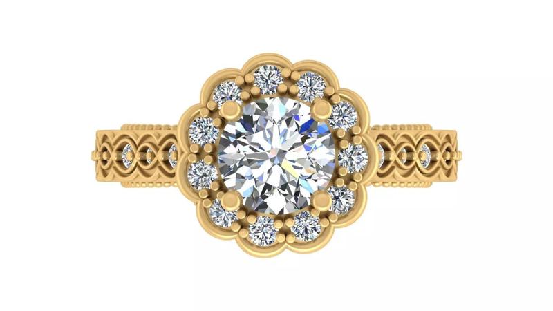 Vintage Floral Halo Round-Cut Diamond Engagement Ring