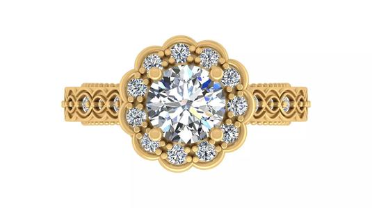 Vintage Floral Halo Round-Cut Diamond Engagement Ring