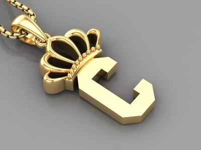 C Crown Letter Initial Pendant in 10kt Yellow Gold Cad Design