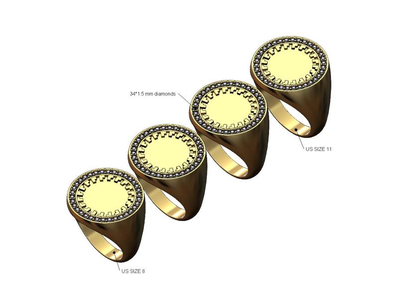 Notched pattern blank round diamond signet ring US sizes 8to11 3D print model