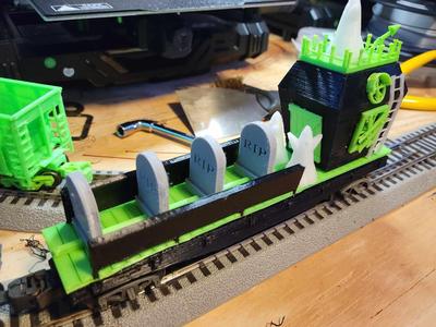 Ho Scale train Halloween Special Work car "GHOST IN THE GRAVY YARD"