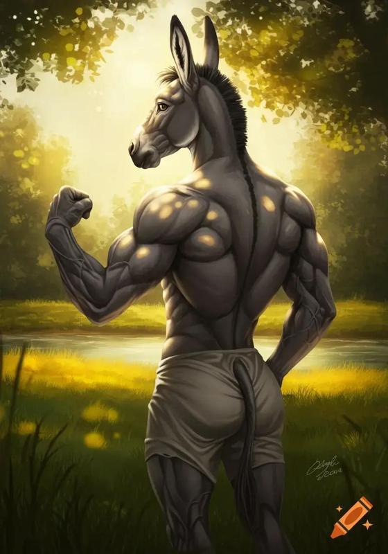 A stylized anthropomorphic character with the body of a muscular donkey