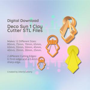 Clay Cutter STL File - Deco Sun 1  - Earring Digital File Download- 12 sizes and 2 Earring Cutter Versions, cookie cutter