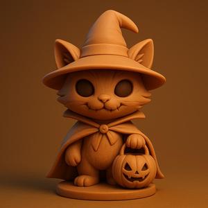 Cat in Witch Costume with Pumpkin
