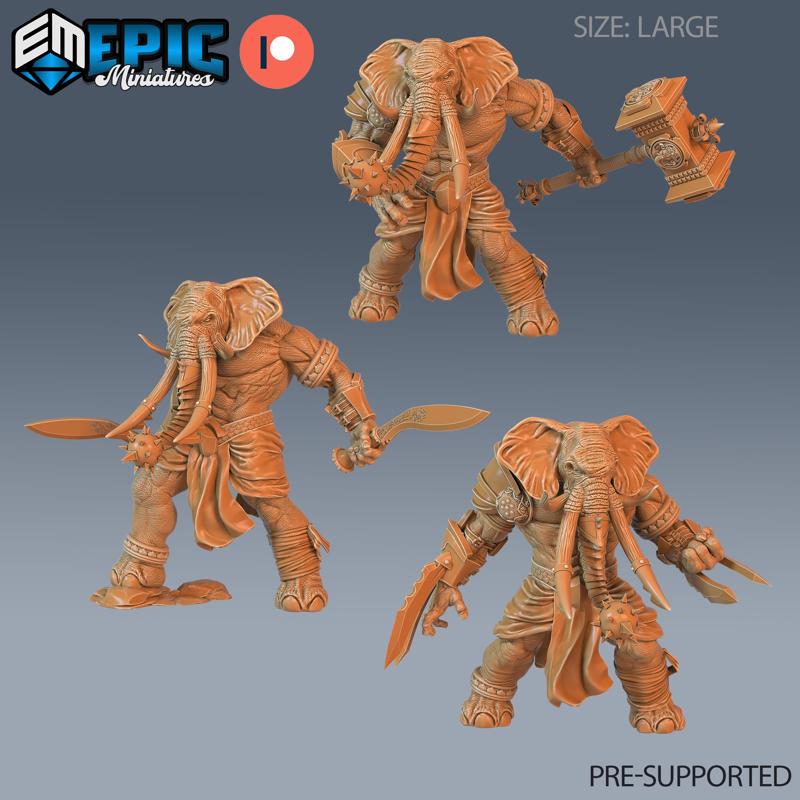 Elephant Folk Barbarian Set ‧ DnD Miniature ‧ Tabletop Miniatures ‧ Gaming Monster ‧ 3D Model ‧ RPG ‧ DnDminis ‧ STL FILE