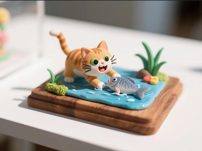 Kitten Catching Fish Figurine Print-in-Place A1 Mini Compatible