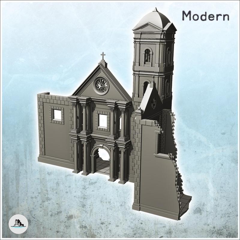 Neoclassical monastery in ruins with pediment and bell tower (10) - Modern WW2 WW1 World War Diaroma Wargaming RPG Mini Hobby