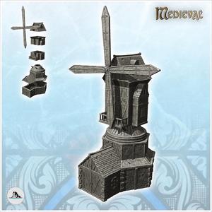 Medieval mill with quadruple blades and base annex (12) - Medieval Gothic Feudal Old Archaic Saga 28mm 15mm