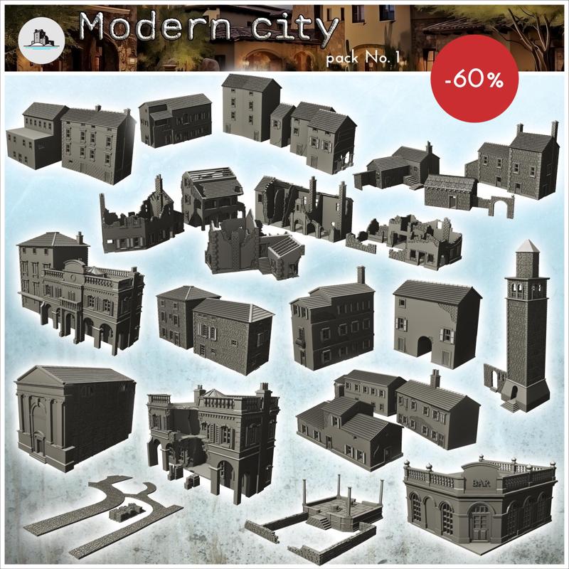 Modern city pack No. 1 - Modern WW2 WW1 World War Diaroma Wargaming RPG Mini Hobby