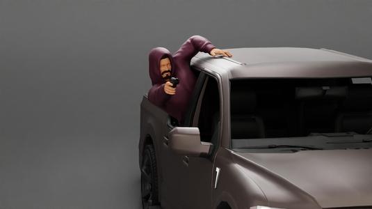 Gangster man in hoodie shooting gun leaning out the window of the car