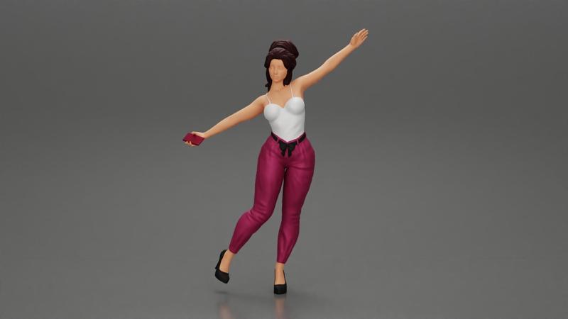 Happy Young Woman in pants Standing on One Leg holding phone