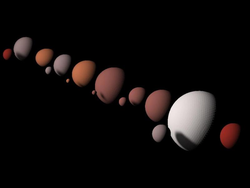 Largest TNOs and their moons shapes scaled one in ten million