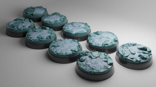 9x 25mm bases with frozen ice tundra design (+toppers)