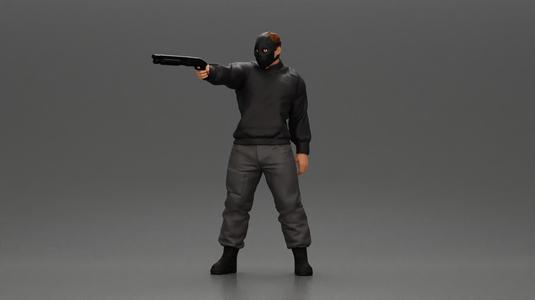 Masked man in black jacket aims shotgun with determined gaze