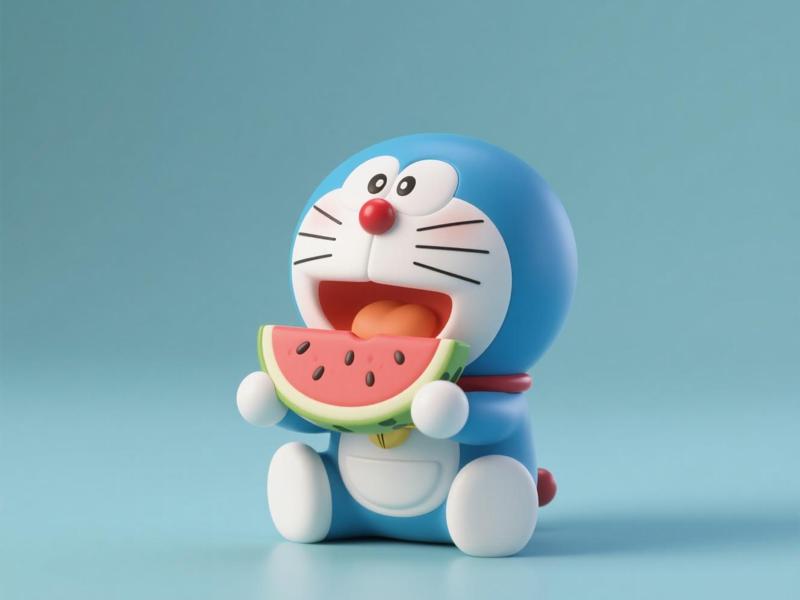 Doraemon Summer Watermelon-Eating Limited Edition - Robot Cat Peripheral Ornament - Children's Coloring Toy