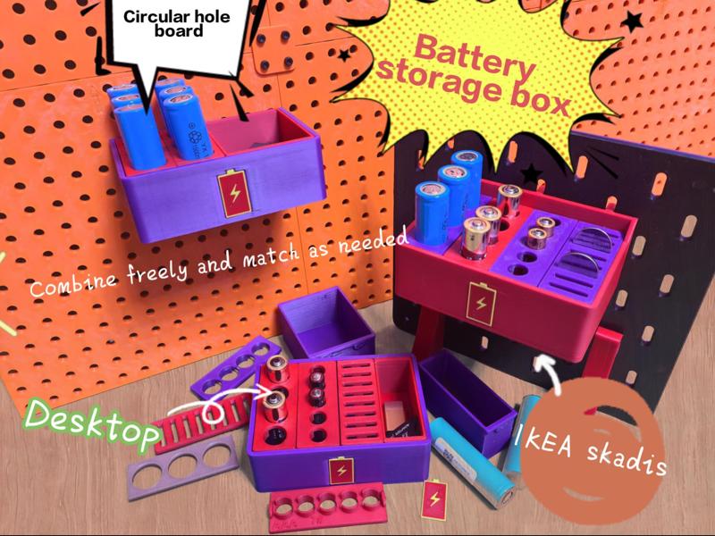 Desktop, round hole pegboard, IKEA Skadis pegboard adaptable battery storage box