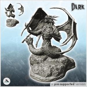 Broad-tailed dragon with spiked wings on rock (28) - Medieval Dark Chaos Animal Beast Undead Tabletop Terrain