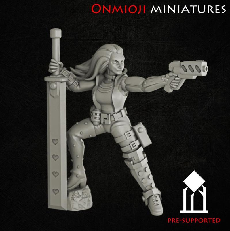 Cyberpunk girl with sword and gun