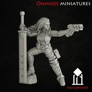 Cyberpunk girl with sword and gun