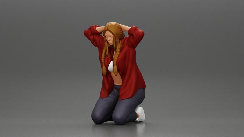 Chola Girl in open shirt sitting putting his hands behind head about to be arrested