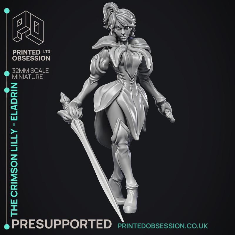 Crimson Lilly - Eladrin - Hero Miniature & 8 Extra Wepons - PRESUPPORTED - 32mm scale