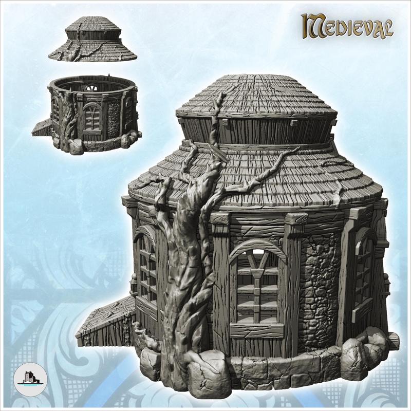 Round medieval house with double roof and tree barter (26) - Medieval Gothic Feudal Old Archaic Saga 28mm 15mm