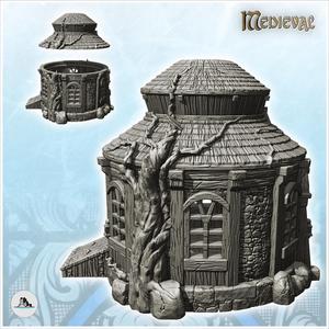 Round medieval house with double roof and tree barter (26) - Medieval Gothic Feudal Old Archaic Saga 28mm 15mm