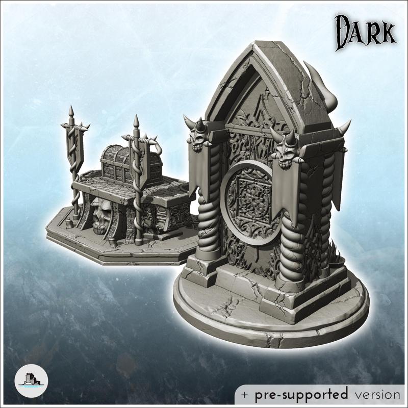 Set of two gothic altars with chest decorated with skulls (1) - Creature Darkness War 15mm 20mm 28mm 32mm Medieval Dungeon