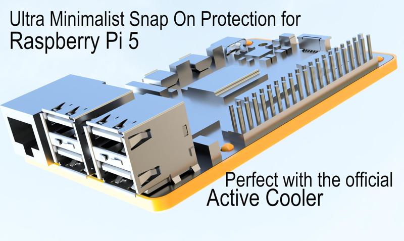 Ultra Minimalist Raspberry Pi 5 snap-on protection case. Perfect with the active cooler to keep it small.