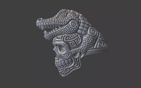 mayan inca style crocodile skull warrior ring
