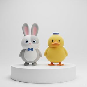 Charming Cartoon Bunny & Duck Duo - Whimsical Animal Figurines for 3D Printing