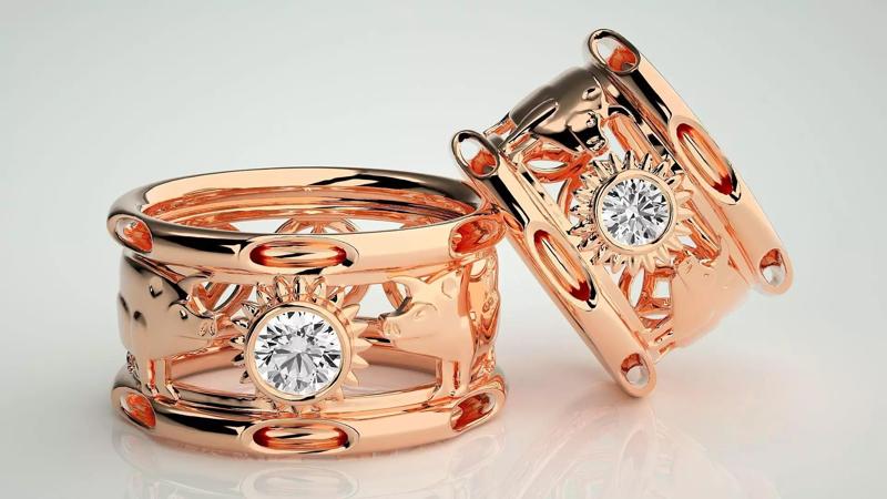 Pig Funny Solitaire Couple Band Ring 3dm stl render detail