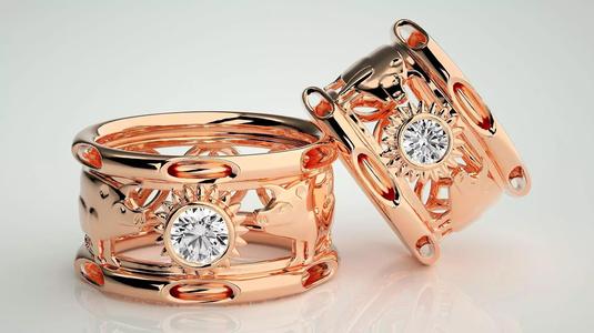 Pig Funny Solitaire Couple Band Ring 3dm stl render detail